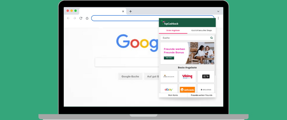 Laptop-Bildschirm, der das Pop-up-Fenster der TopCashback-Browser-Erweiterung zeigt.