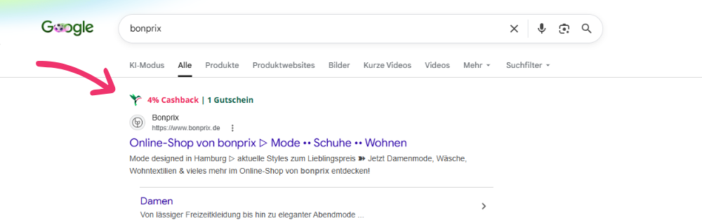 Google-Suchergebnis für bonprix mit hervorgehobenem TopCashback-Hinweis zu Cashback und Gutschein.