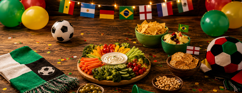 Fußball-Snackbuffet mit Gemüse, Chips, Obst und Fanartikeln auf einem Tisch.