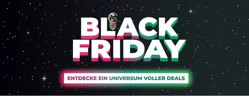 TipTop, der Kolibri von TopCashback, auf "Black Friday" Schriftbanner in Weltraum-Setting.