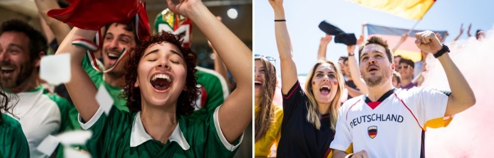 Fans in Nationaltrikots jubeln und feiern ihre Mannschaft.