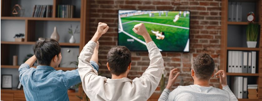 Drei Personen jubeln vor dem Fernseher, auf dem ein Fußballspiel läuft.