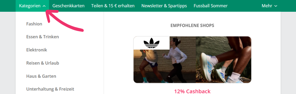Geöffnetes Kategorien-Menü auf der TopCashback-Website mit verschiedenen Shopping-Kategorien.