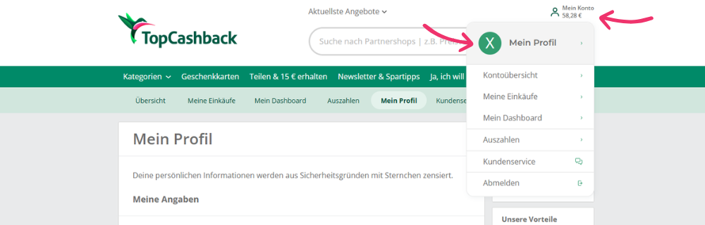 TopCashback-Website mit geöffnetem Profilmenü und markiertem Bereich für das Benutzerkonto.