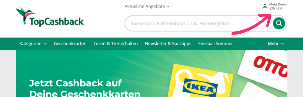 TopCashback-Homepage mit hervorgehobenem Bereich für das Benutzerkonto.