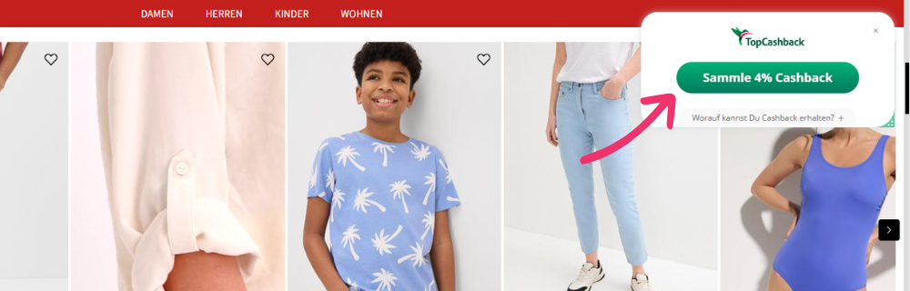 Online-Shop mit eingeblendetem Pop-up der Browser-Erweiterung zum Sammeln von 4 % Cashback.