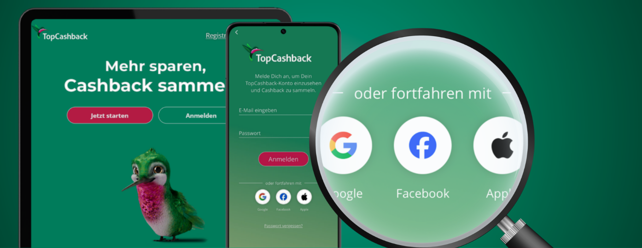 TopCashback-Anmeldeseite mit Google-, Facebook- und Apple-Login unter einer Lupe.