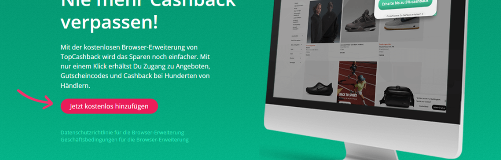 TopCashback-Seite zur Browser-Erweiterung mit hervorgehobenem Button zum kostenlosen Hinzufügen.