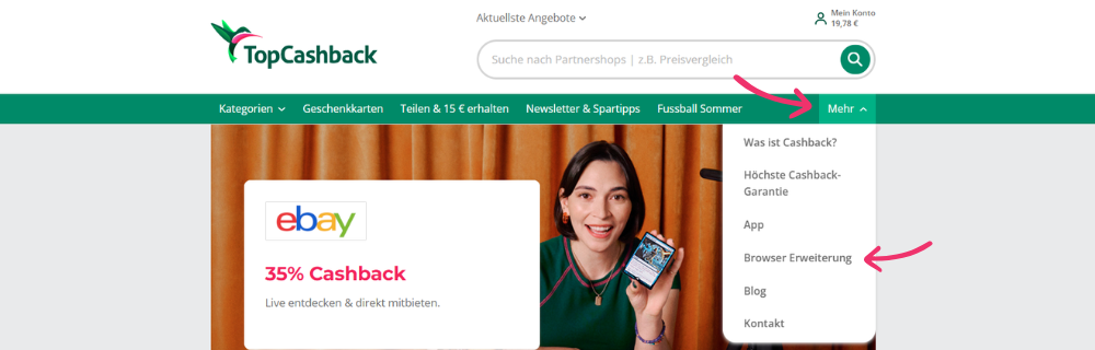 TopCashback-Website mit geöffnetem Menü und markierter Browser-Erweiterung.