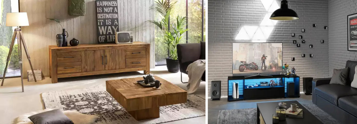 Wohnzimmer mit Holzmöbeln und Zimmer mit modernem Entertainment-Setup.