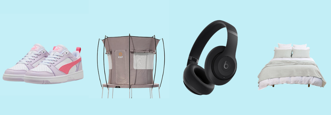 Popular items like shoes, trampoline, headphones, and bed set on a blue background.