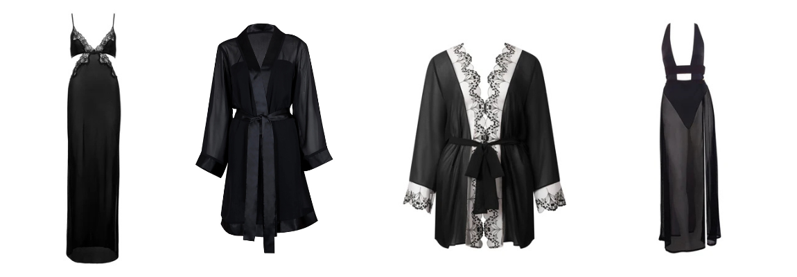 Schwarze, elegante Kimonos und Negligés.