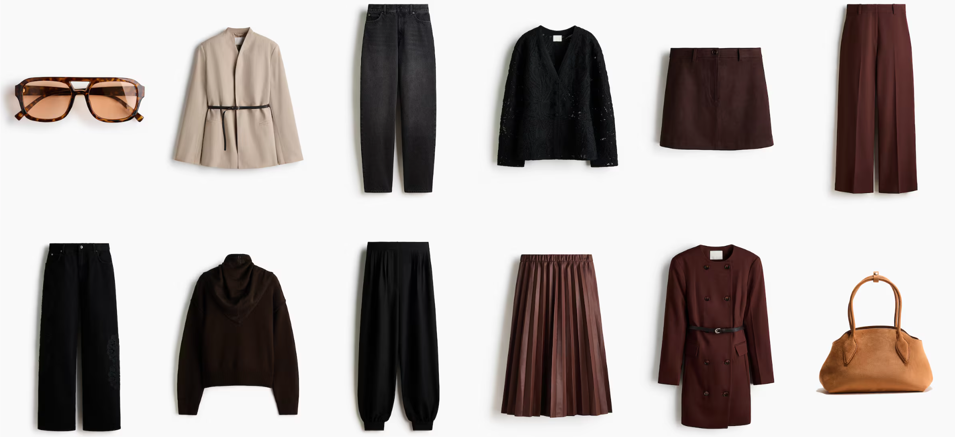 Kleidungsstücke und Accessoires in neutralen Farben.
