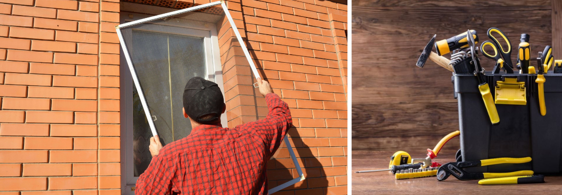 Person setzt ein Insektenschutzgitter am Fenster ein; daneben eine Werkzeugkiste mit Werkzeugen.