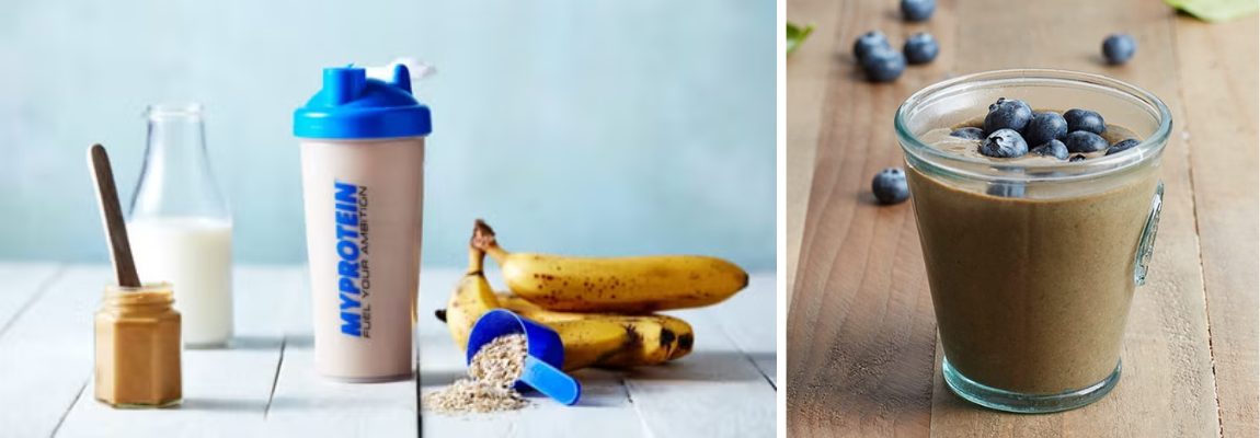 Proteinshake-Zutaten und ein Glas Smoothie mit Blaubeeren.