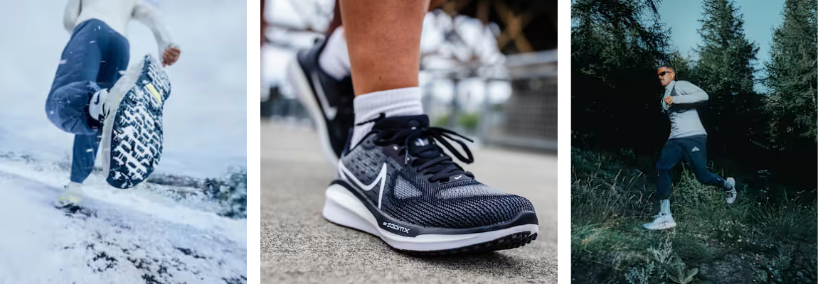 Drei Bilder mit Beispielen für ikonische Laufschuhe von Nike.