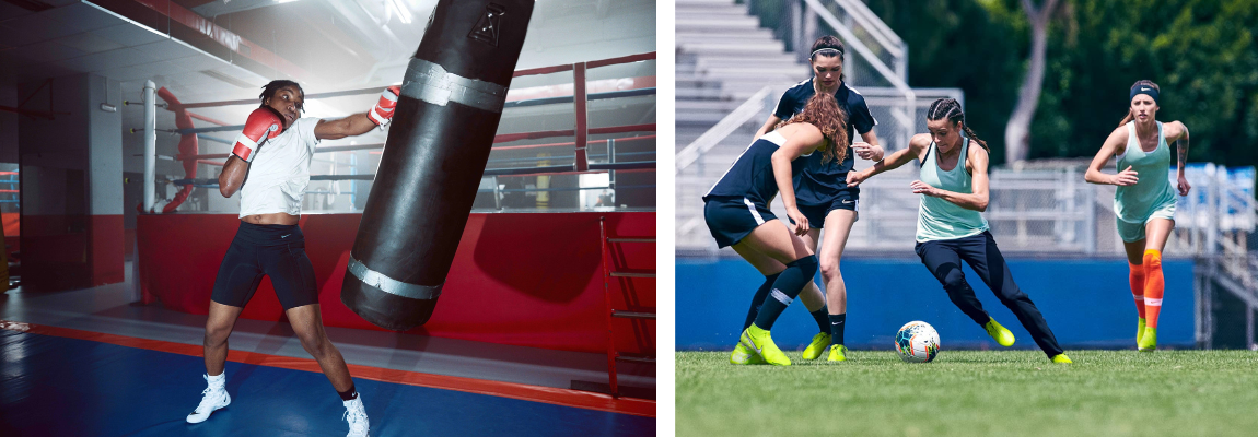 Sportler, der an einem Boxsack trainiert und Fußballerinnen während des Spiels auf dem Rasen.