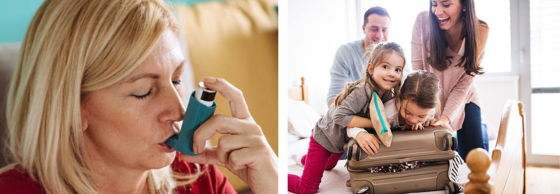 Frau mit Inhalator und lachende Familie.