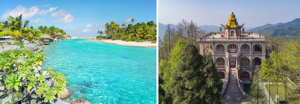 Tropischer Strand mit türkisfarbenem Meer; ein historisches Gebäude.