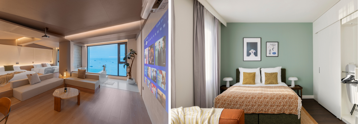 Helles Hotelzimmer mit Sitzbereich und Meerblick; daneben ein Schlafzimmer mit Doppelbett.