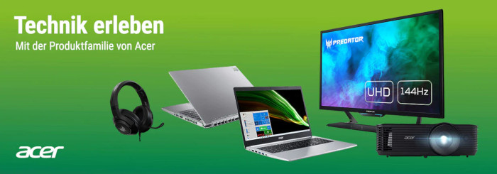 verschiedene Acer-Produkte, darunter Laptops, Notebooks, Monitore, Projektoren und Kopfhörer