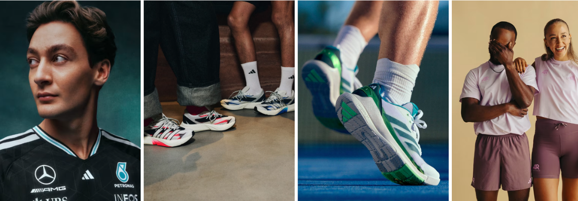 Porträt eines Mannes im Trikot, Sneakers im Alltag und beim Sport sowie zwei Personen in Sportkleidung.