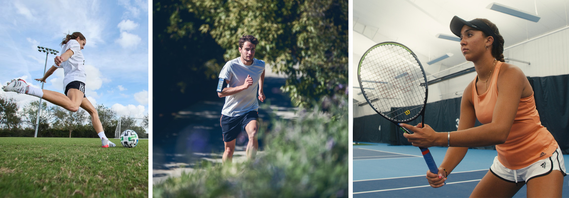 Drei Sportarten: Fußballspielerin beim Schuss, Jogger im Park und Tennisspielerin mit Schläger.