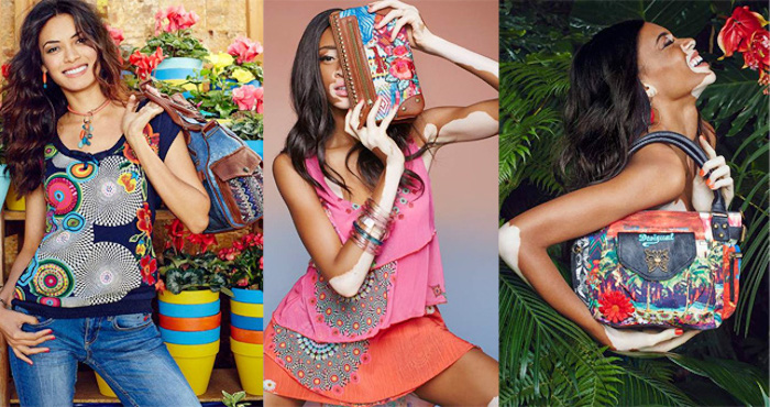 Models mit Vitiligo posieren mit der Colourful Tasche von Desigual