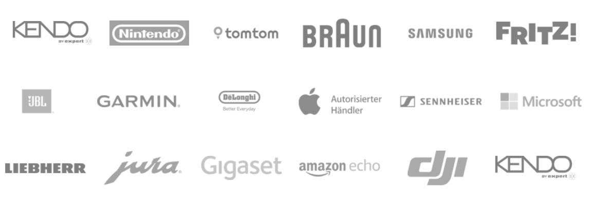 Auswahl bekannter Marken bei expert, darunter Nintendo, Samsung, Apple, Microsoft und JBL.