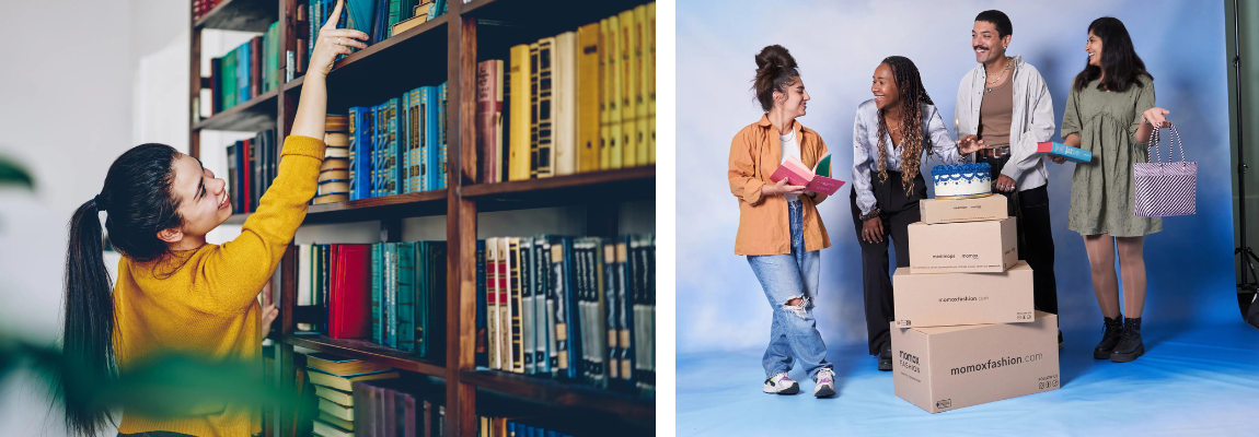 Frau vor gefülltem Bücherregal und mehrere junge Menschen, die verschiedene Gegenstände und Geschenke halten.