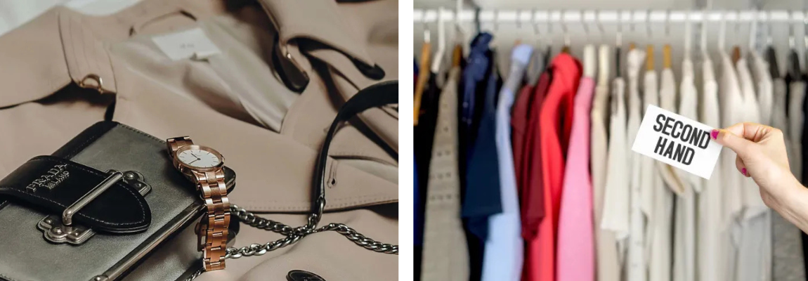 Edle Klamotten und Accessoires, Kleiderstange mit Slogan „Second Hand“.