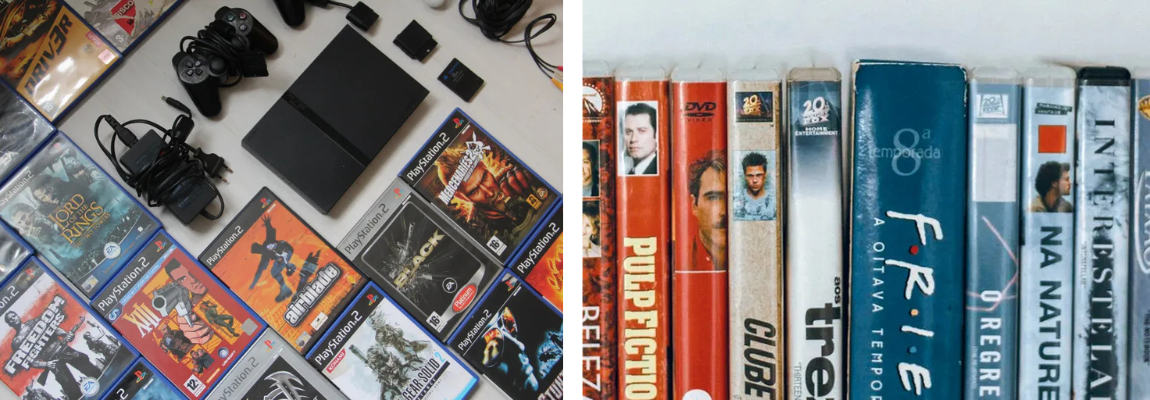 Video-Spiele, Konsolen und Kontroller sowie Reihe von gebrauchten DVDs-Sets.